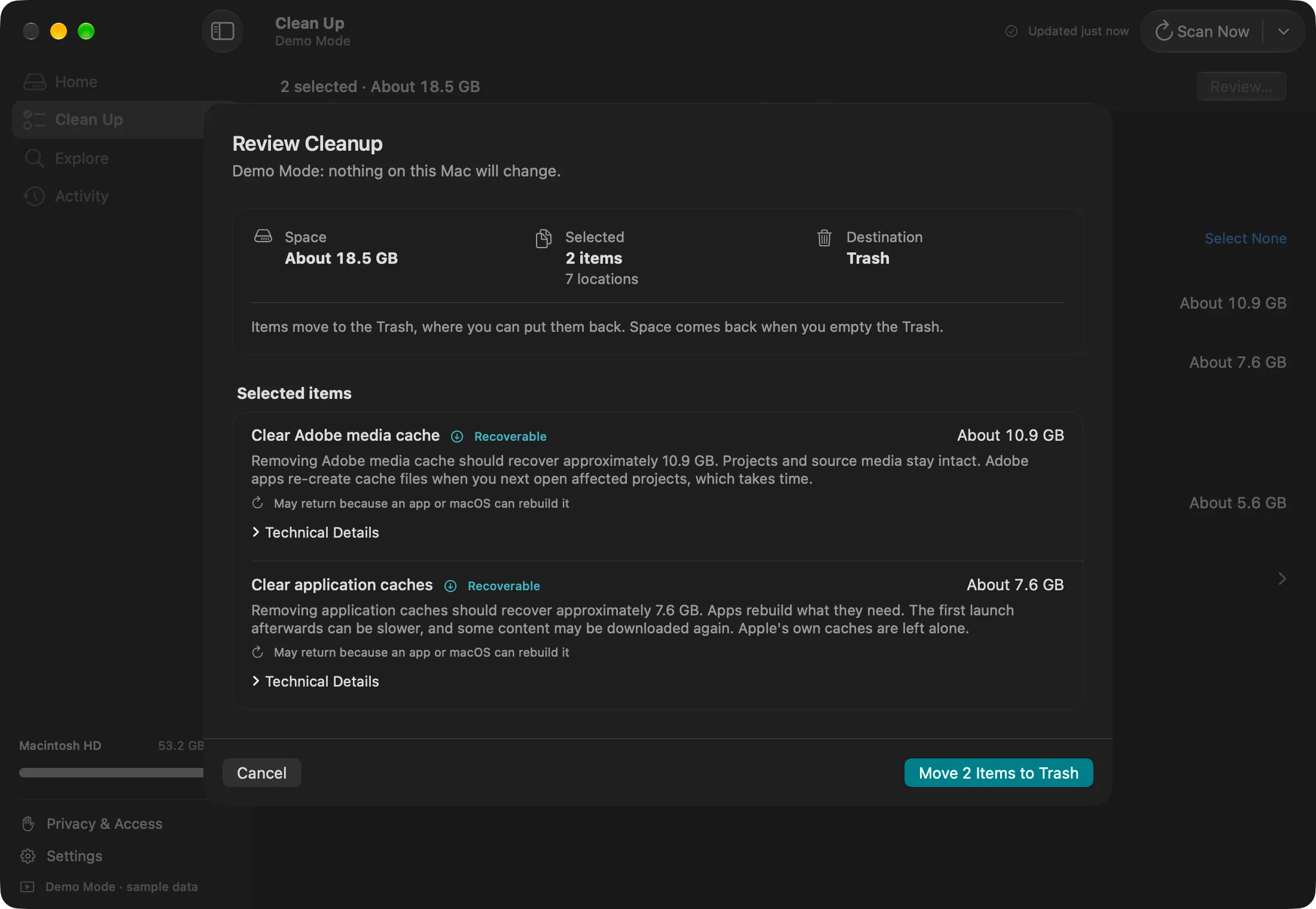 DiskFox Review Cleanup sheet in Demo Mode: about 18.5 GB in two items moves to the Trash, with what each one does
