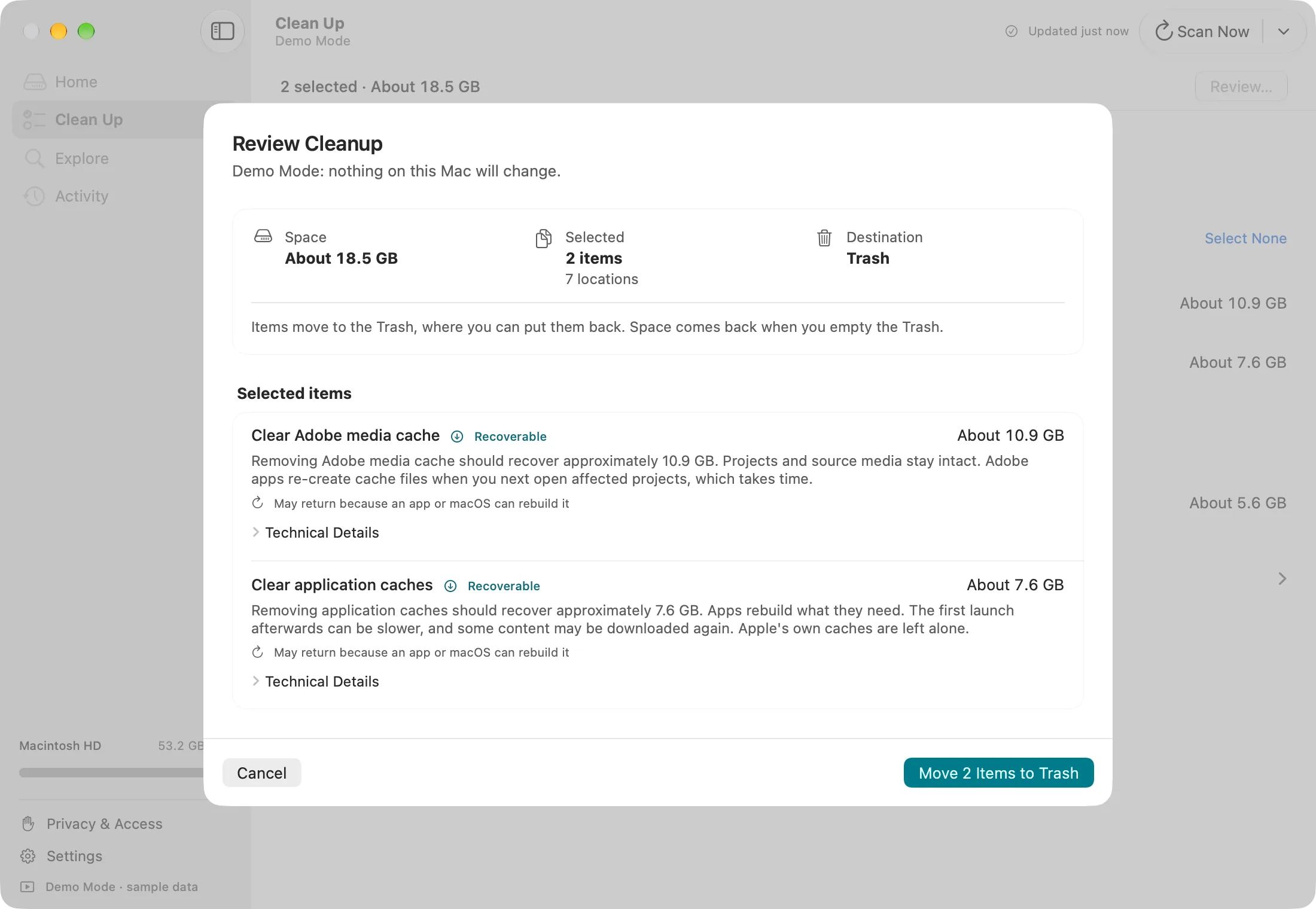 DiskFox Review Cleanup sheet in Demo Mode: about 18.5 GB in two items moves to the Trash, with what each one does