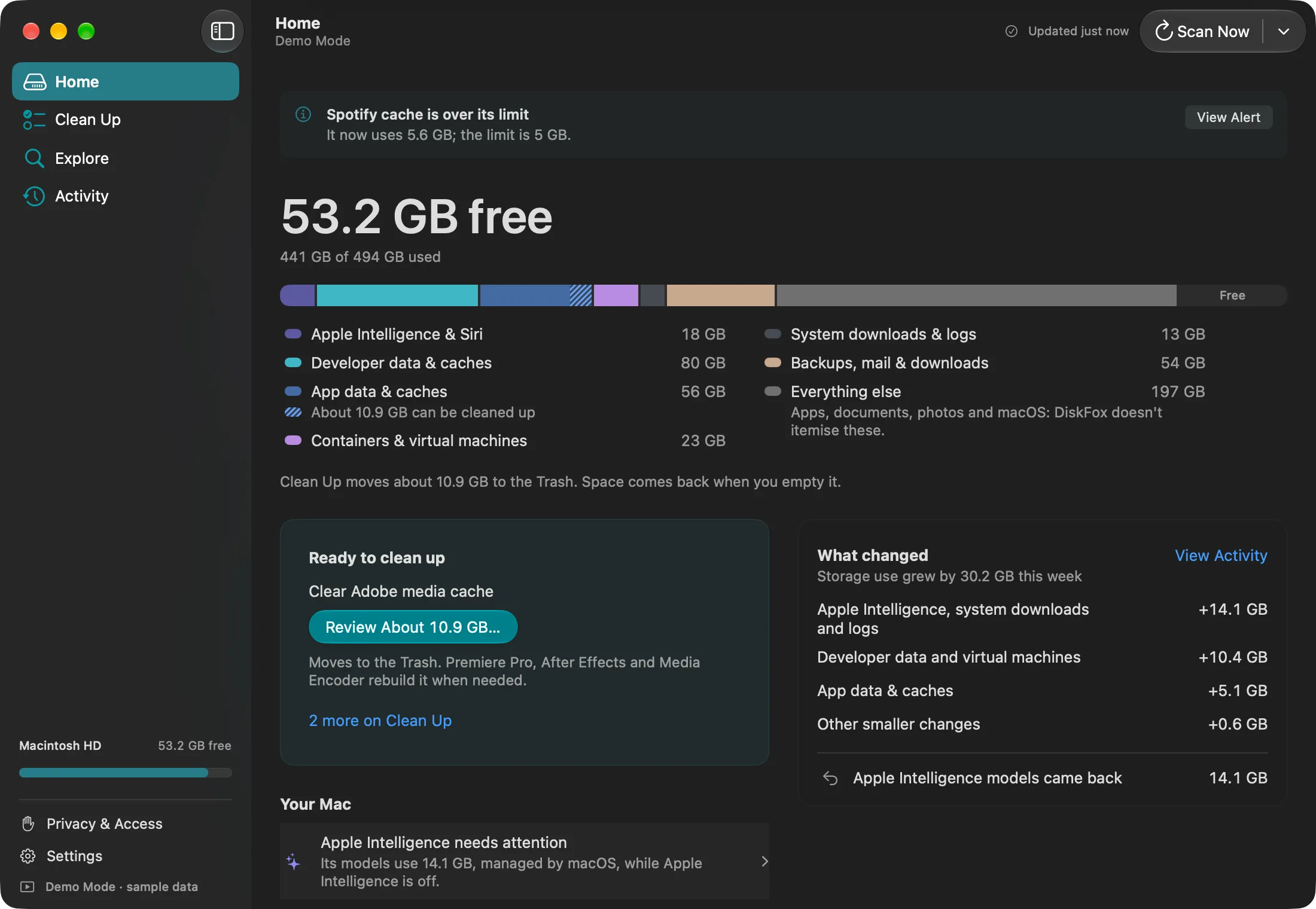DiskFox Home in Demo Mode: 53.2 GB free, a storage breakdown, what to clean up first, and what changed this week