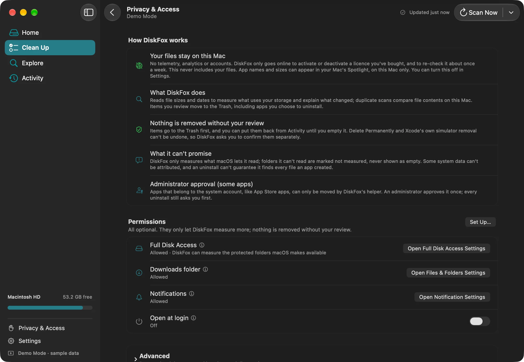 „Datenschutz & Zugriff“ in DiskFox im Demomodus: wie DiskFox arbeitet und welche Berechtigungen optional sind