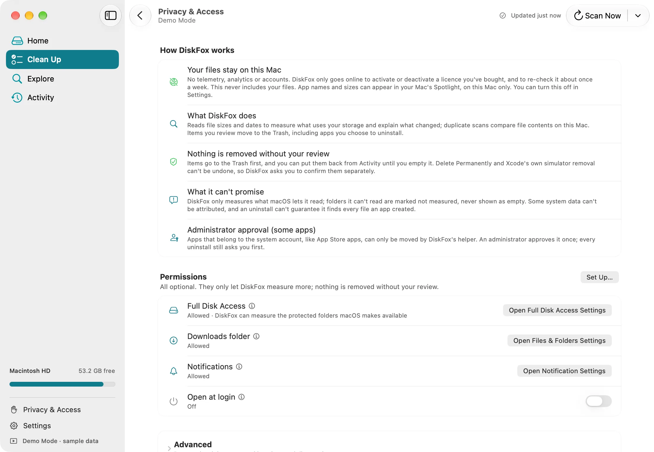 „Datenschutz & Zugriff“ in DiskFox im Demomodus: wie DiskFox arbeitet und welche Berechtigungen optional sind