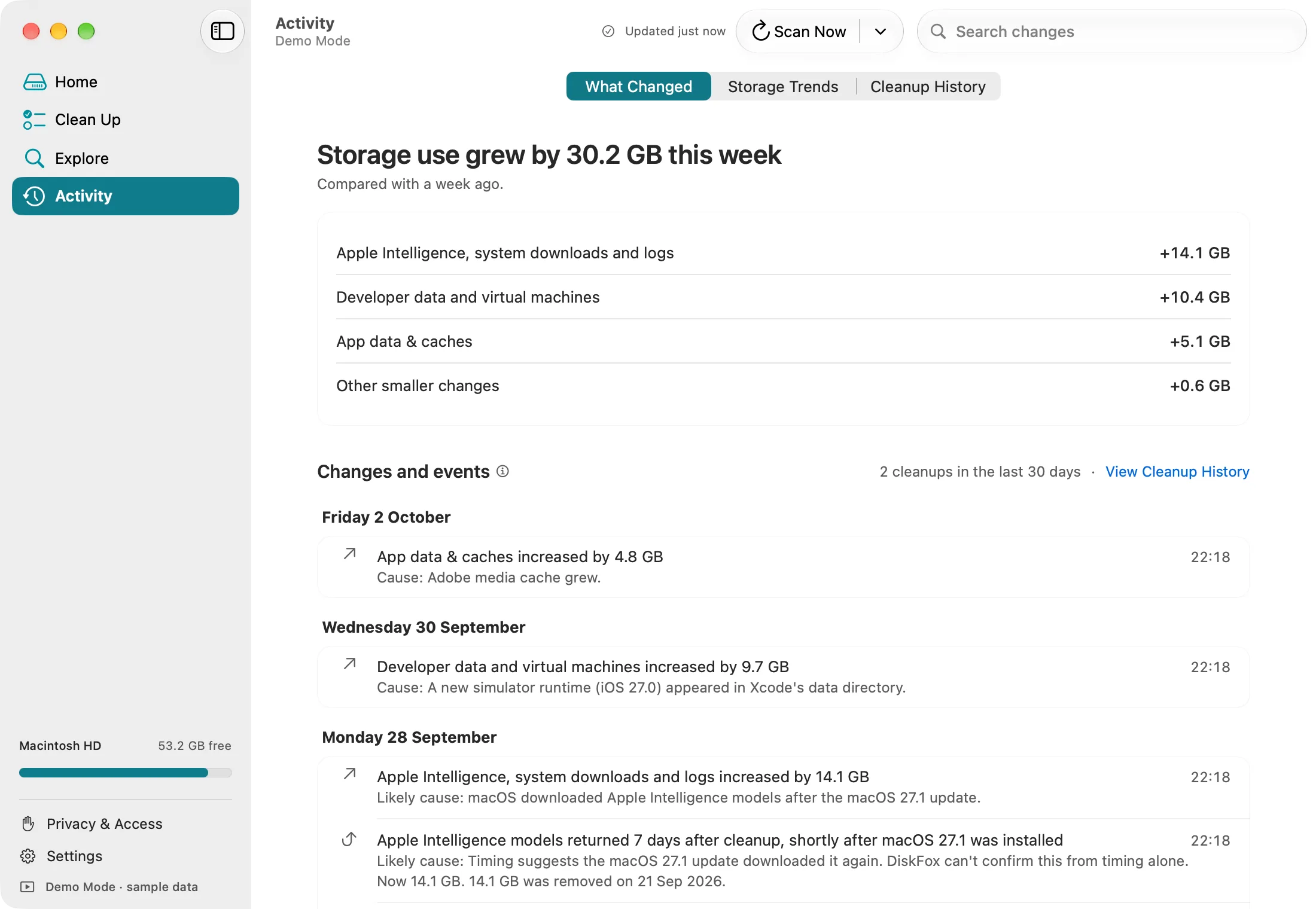 DiskFox What Changed in Demo Mode: storage use grew by 30.2 GB this week, with dated changes and likely causes