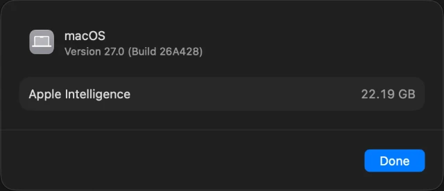 macOS Storage settings: the macOS window shows version 27.0 (build 26A428) and Apple Intelligence using 22.19 GB
