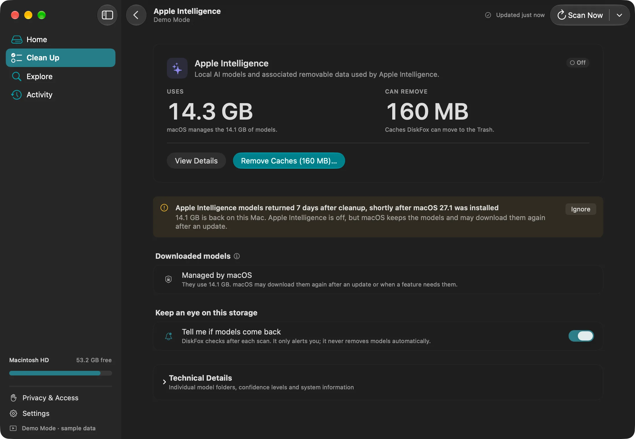 DiskFox's Apple Intelligence page: 14.3 GB used, of which macOS manages 14.1 GB of models, and 160 MB of caches DiskFox can move to the Trash