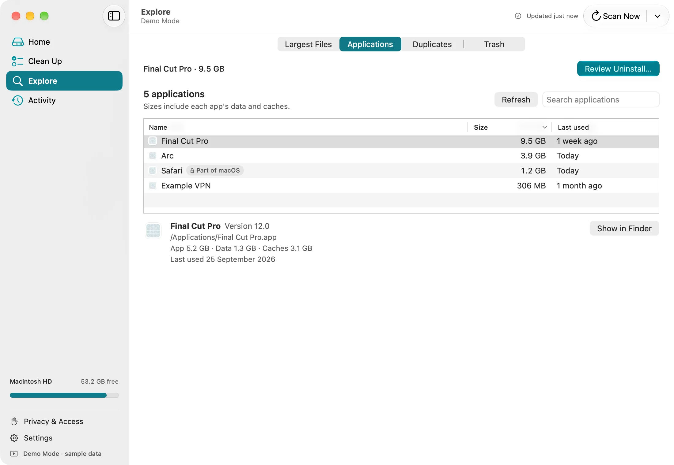 DiskFox's Applications list in Demo Mode, showing each app's size including its data and caches