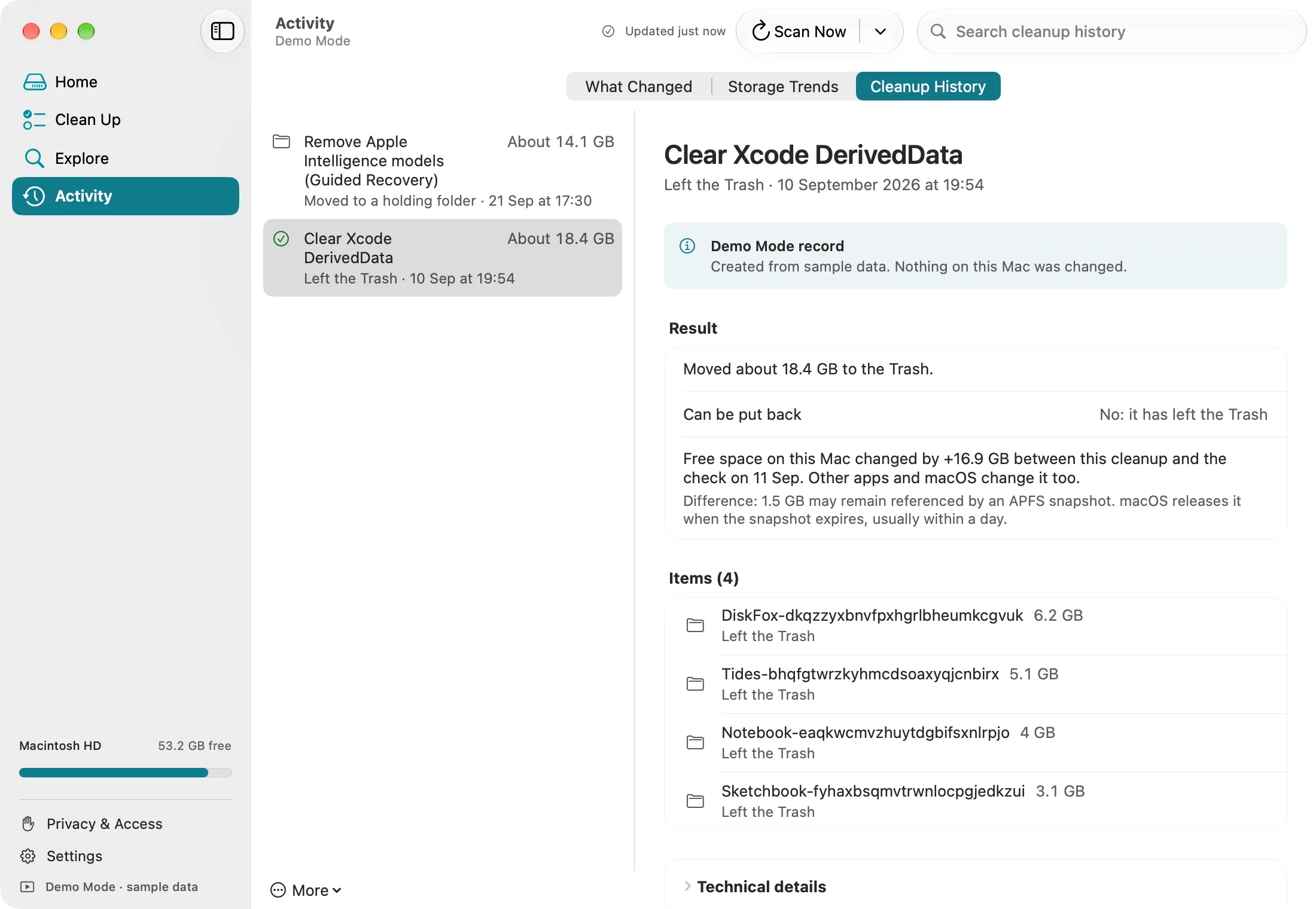 DiskFox Cleanup History in Demo Mode showing a 
