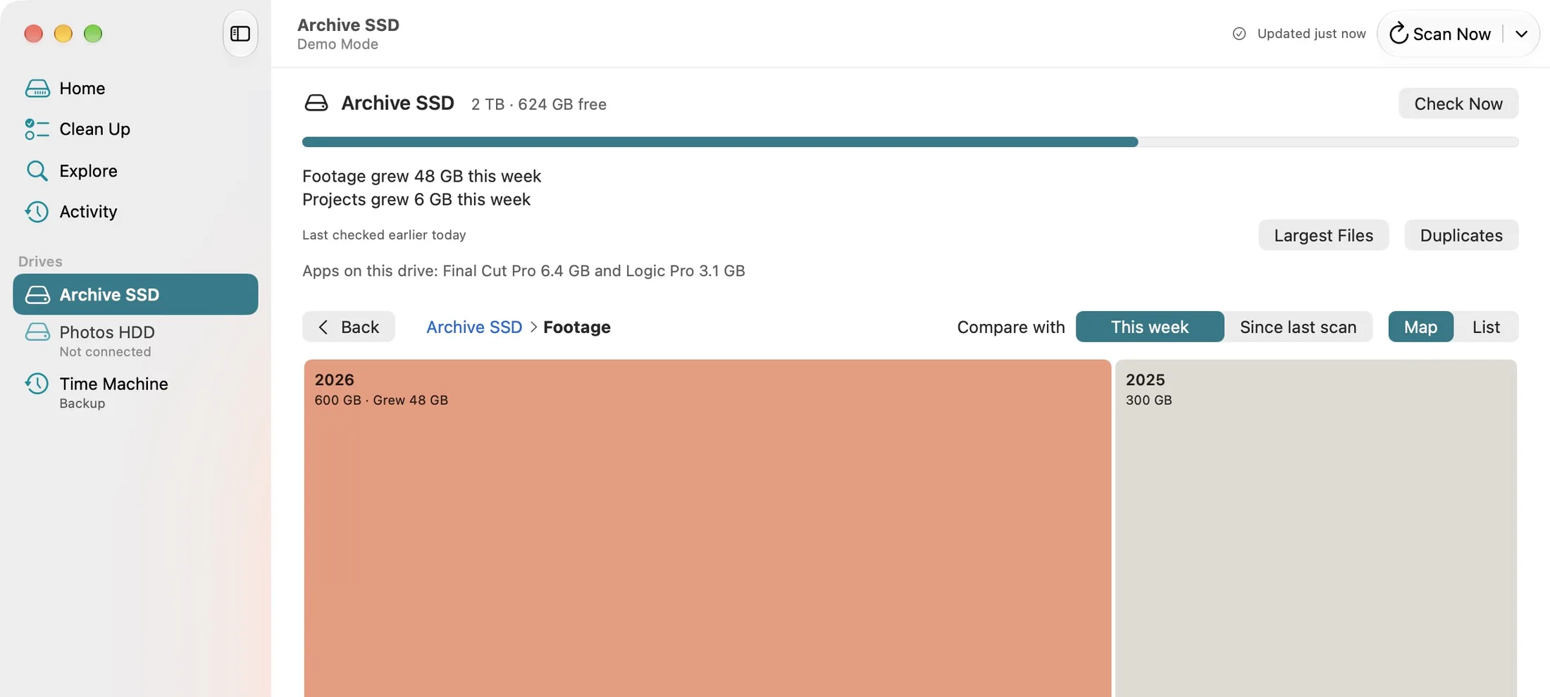 DiskFox's page for an external drive called Archive SSD: 2 TB with 624 GB free, 