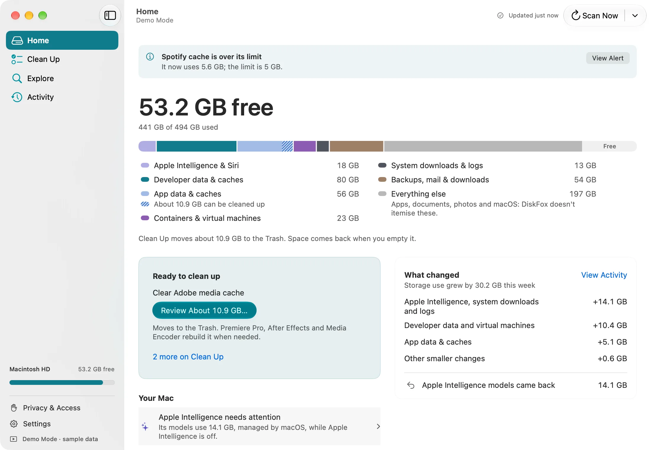 DiskFox's Home page: 53.2 GB free, 441 GB of 494 GB used, with a storage bar split into groups such as Developer data & caches (80 GB) and Everything else (197 GB), and a What changed summary showing storage grew by 30.2 GB this week